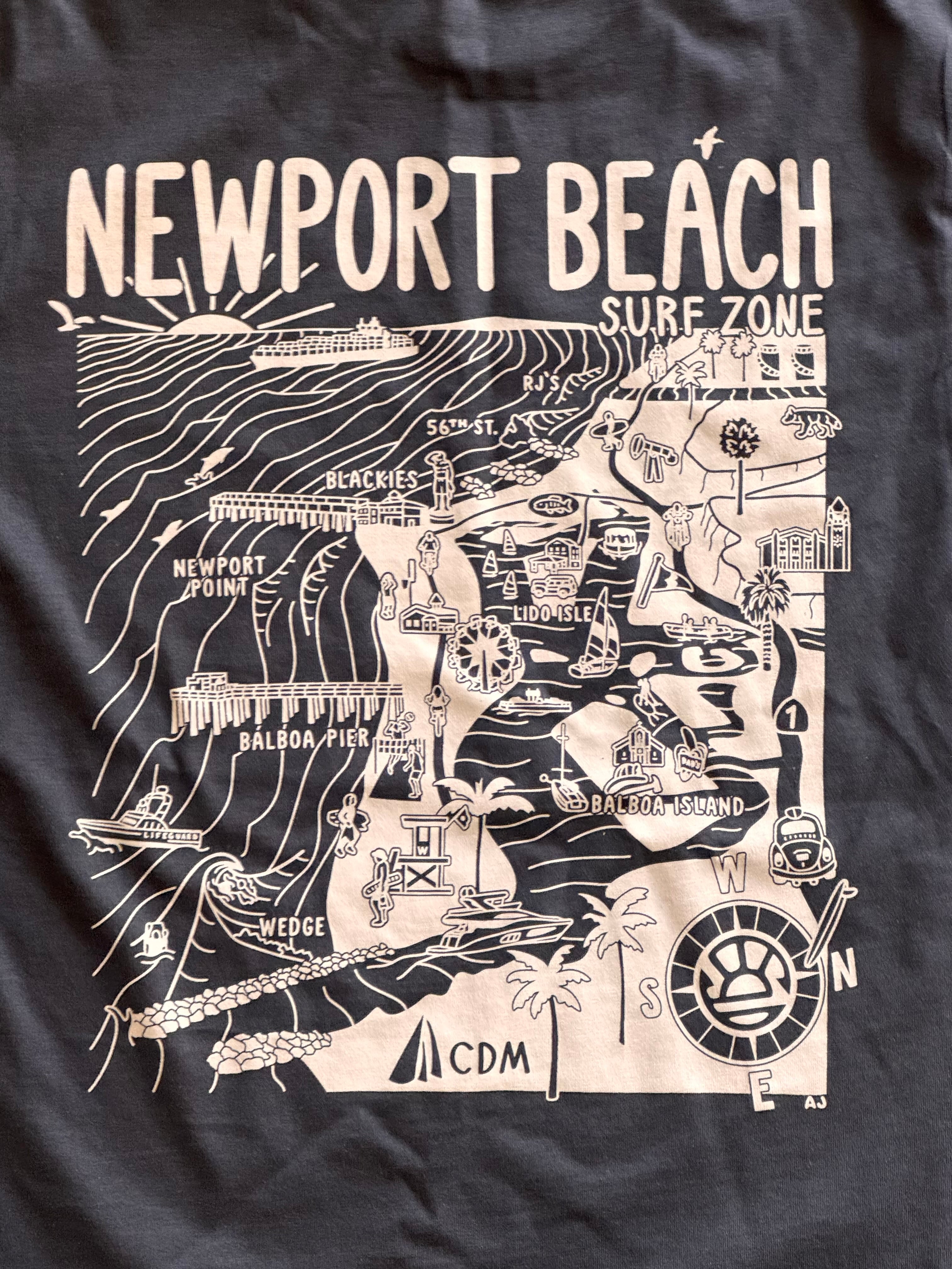 15th St Men's Newport Beach SURF MAP Short Sleeve T-Shirt  COAL BLACK