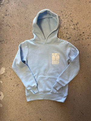 15th St KIDS Groovy Drip Hooded Fleece SOFT WHITE on SKY BLUE