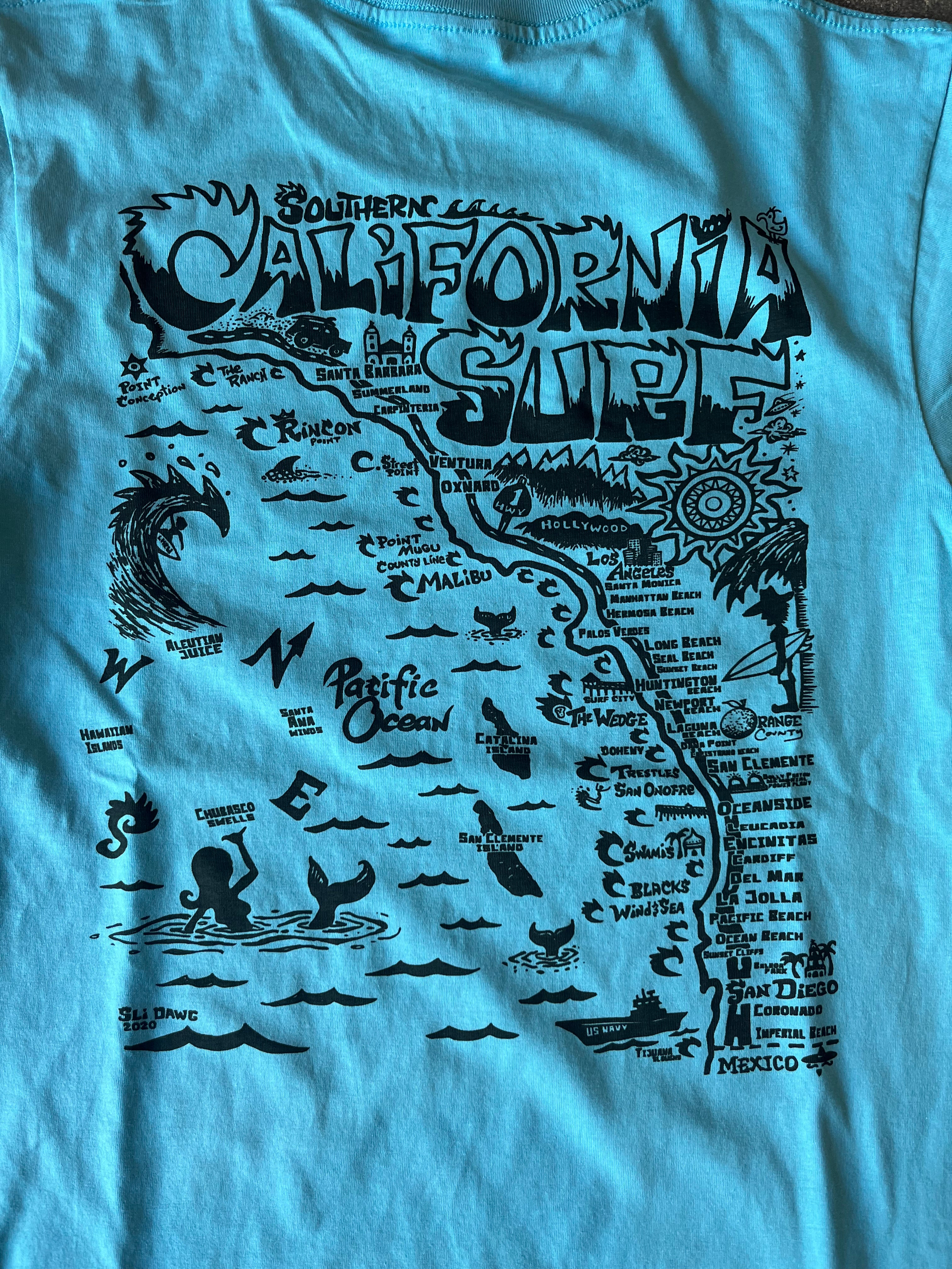 15th St Men's Southern California Surf Map Short Sleeve T-Shirt  BRIGHT BLUE