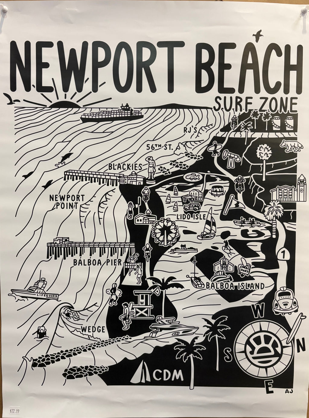 Newport Beach Surf Map Poster 18" X 24" FRAMED  **PICK UP IN STORE ONLY**