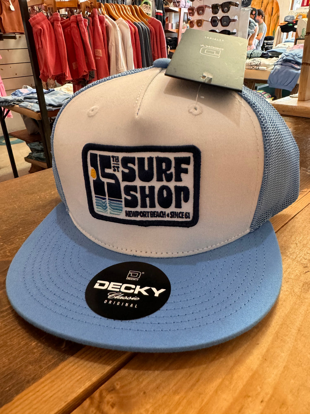 15th St Surf Groovy Drip 5-Panel Trucker Hat WHITE and SKY BLUE