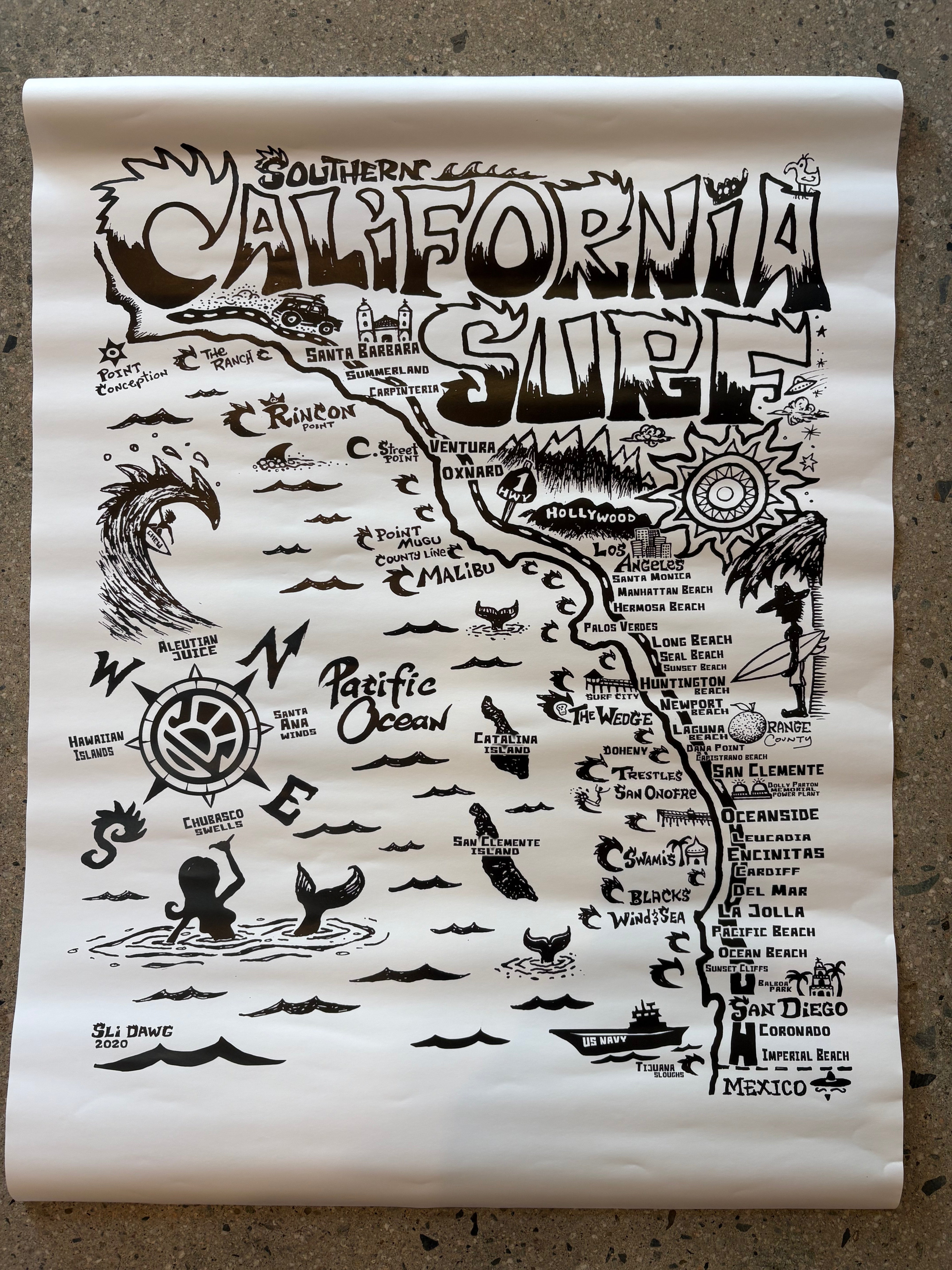 Southern California Surf Map Poster 18" X 24" White