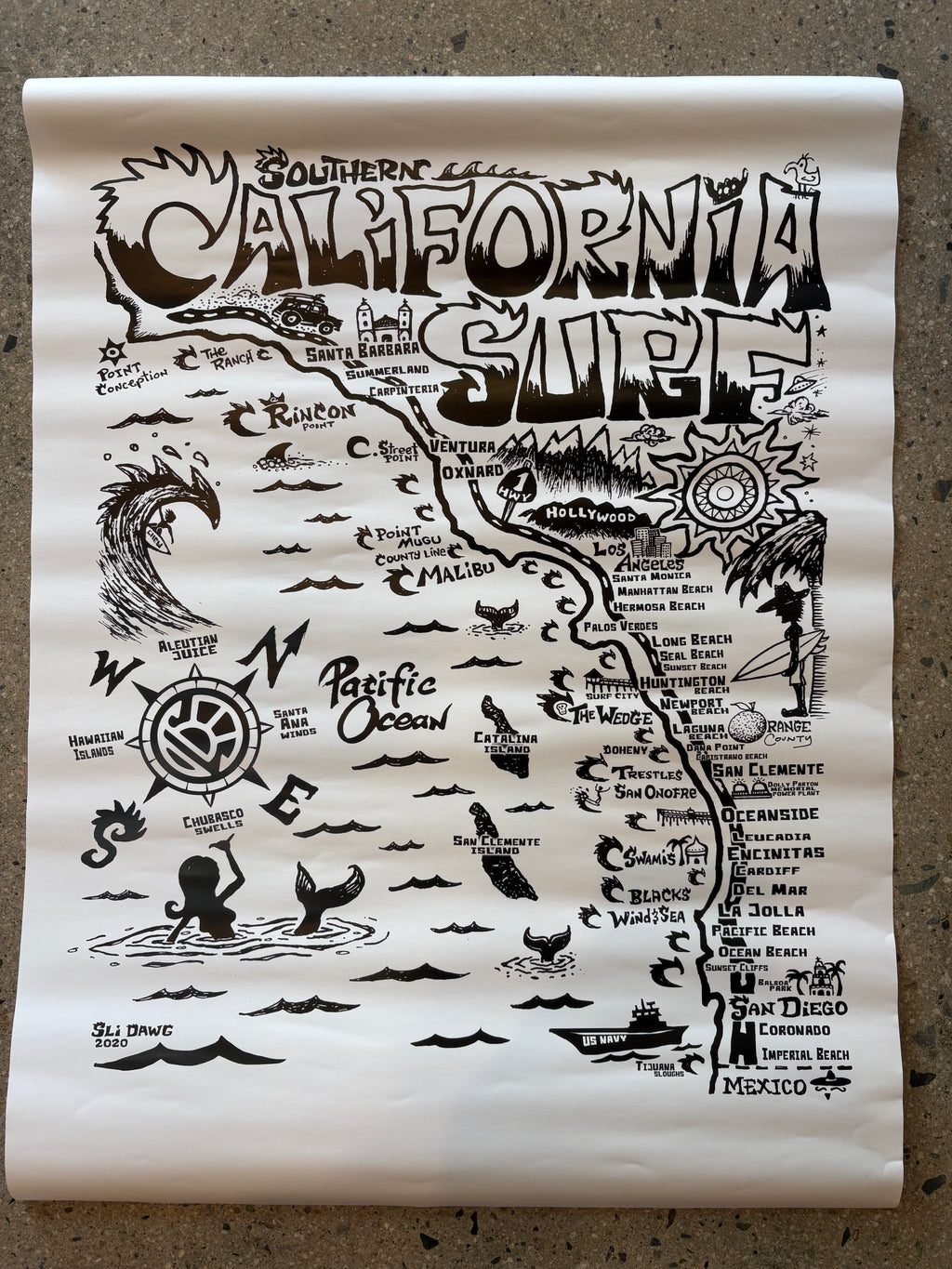 Southern California Surf Map Poster 18" X 24" White