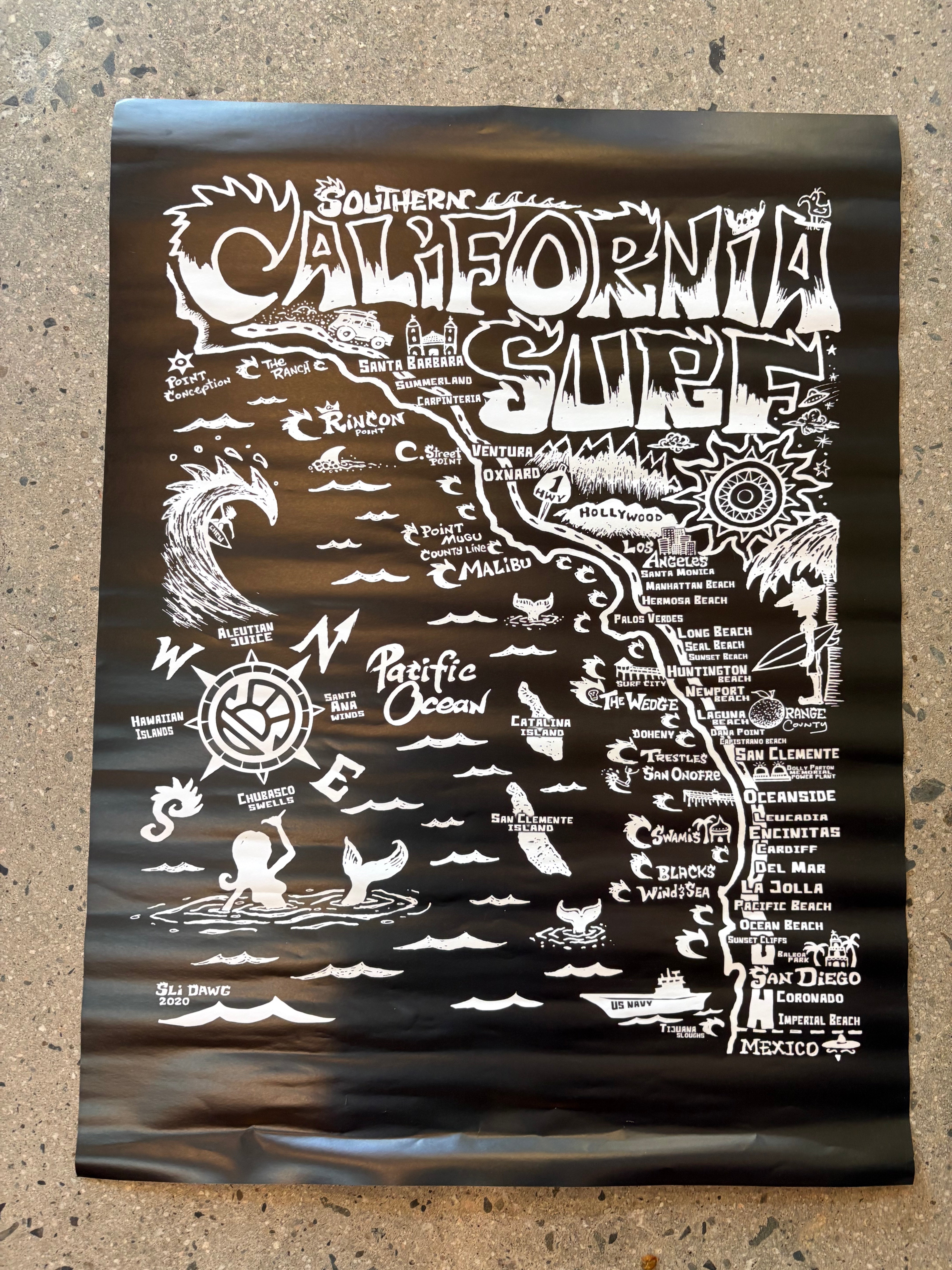 Southern California Surf Map Poster 18" X 24" Black