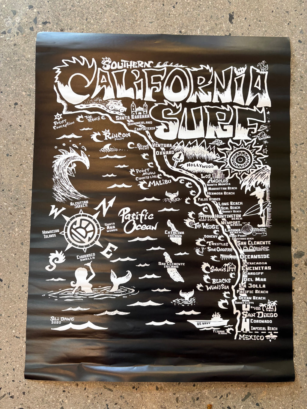 Southern California Surf Map Poster 18" X 24" Black