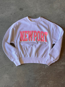 WOMEN NEWPORT Cropped Fleece Crewneck  PINK YELLOW on WHITE