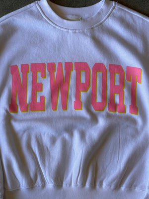 WOMEN NEWPORT Cropped Fleece Crewneck  PINK YELLOW on WHITE