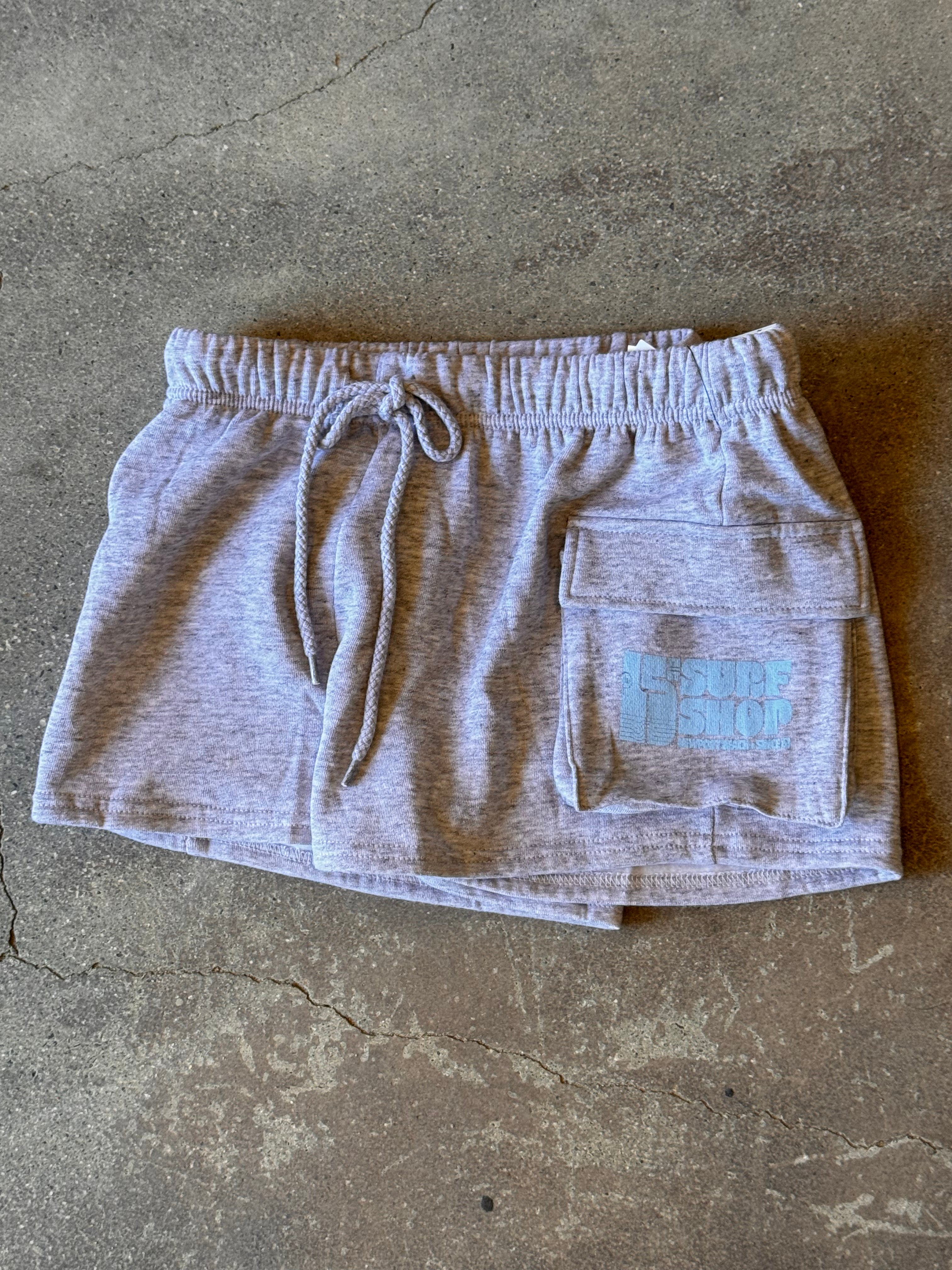 15th St WOMEN Groovy Drip Cargo Pocket Fleece Shorts  BABY BLUE on DOVE HEATHER