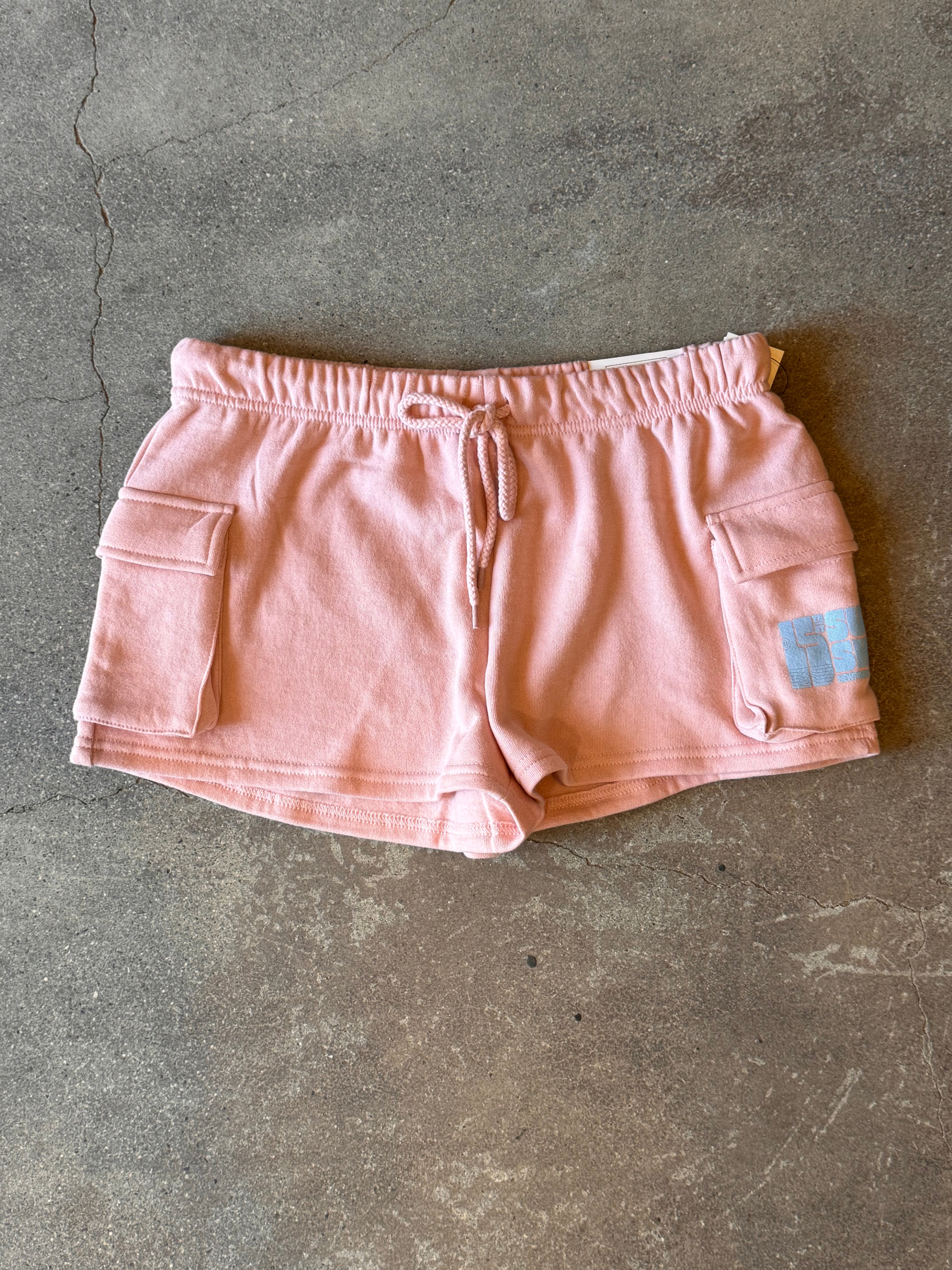 15th St WOMEN Groovy Drip Cargo Pocket Fleece Shorts BABY BLUE on SOFT PINK