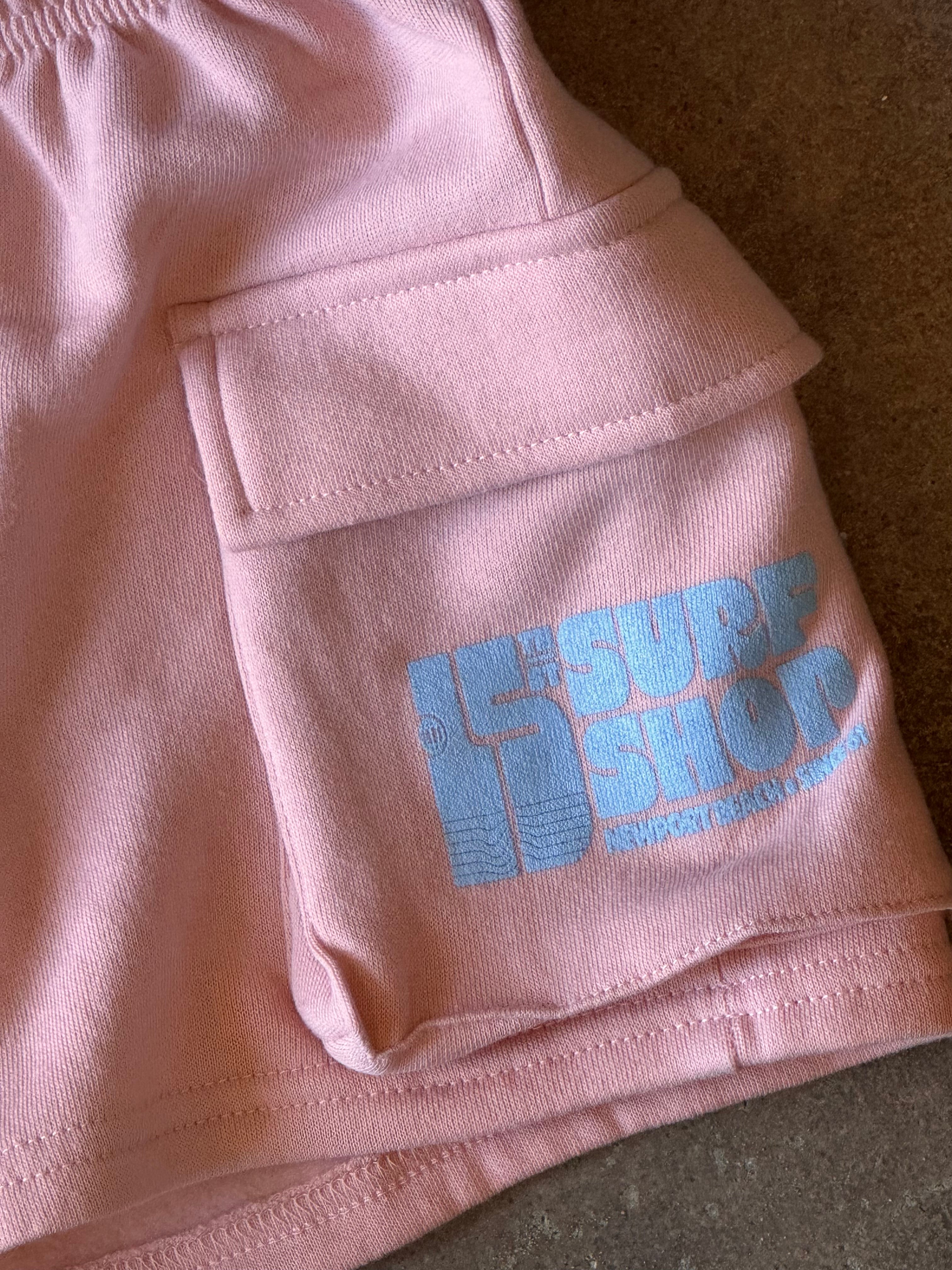 15th St WOMEN Groovy Drip Cargo Pocket Fleece Shorts BABY BLUE on SOFT PINK