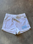 15th St WOMEN Groovy Drip Side Pocket Fleece Shorts BABY BLUE on Heather Grey
