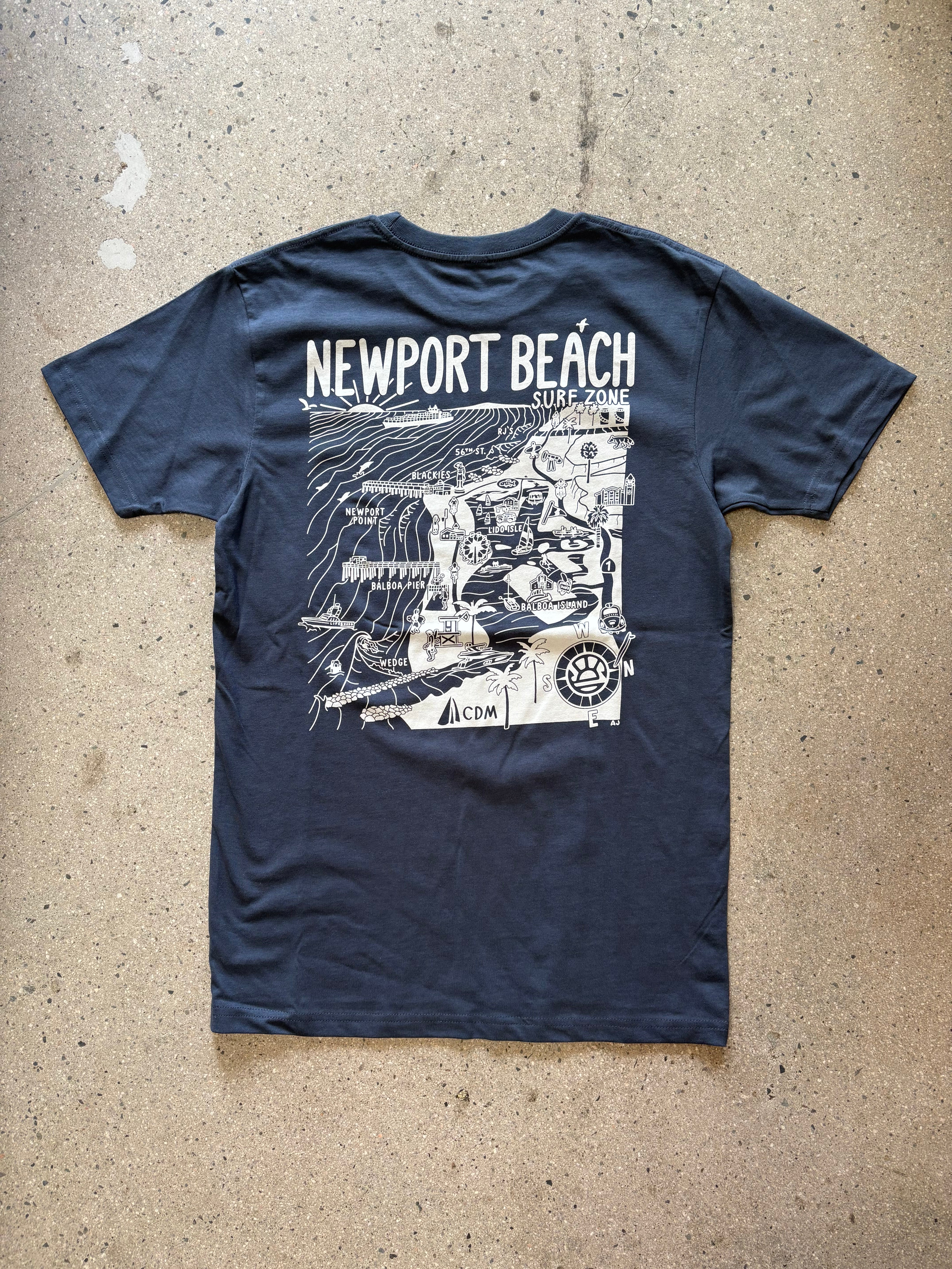 15th St Men's Newport Beach Surf Map Short Sleeve T-Shirt  BLACK COAL