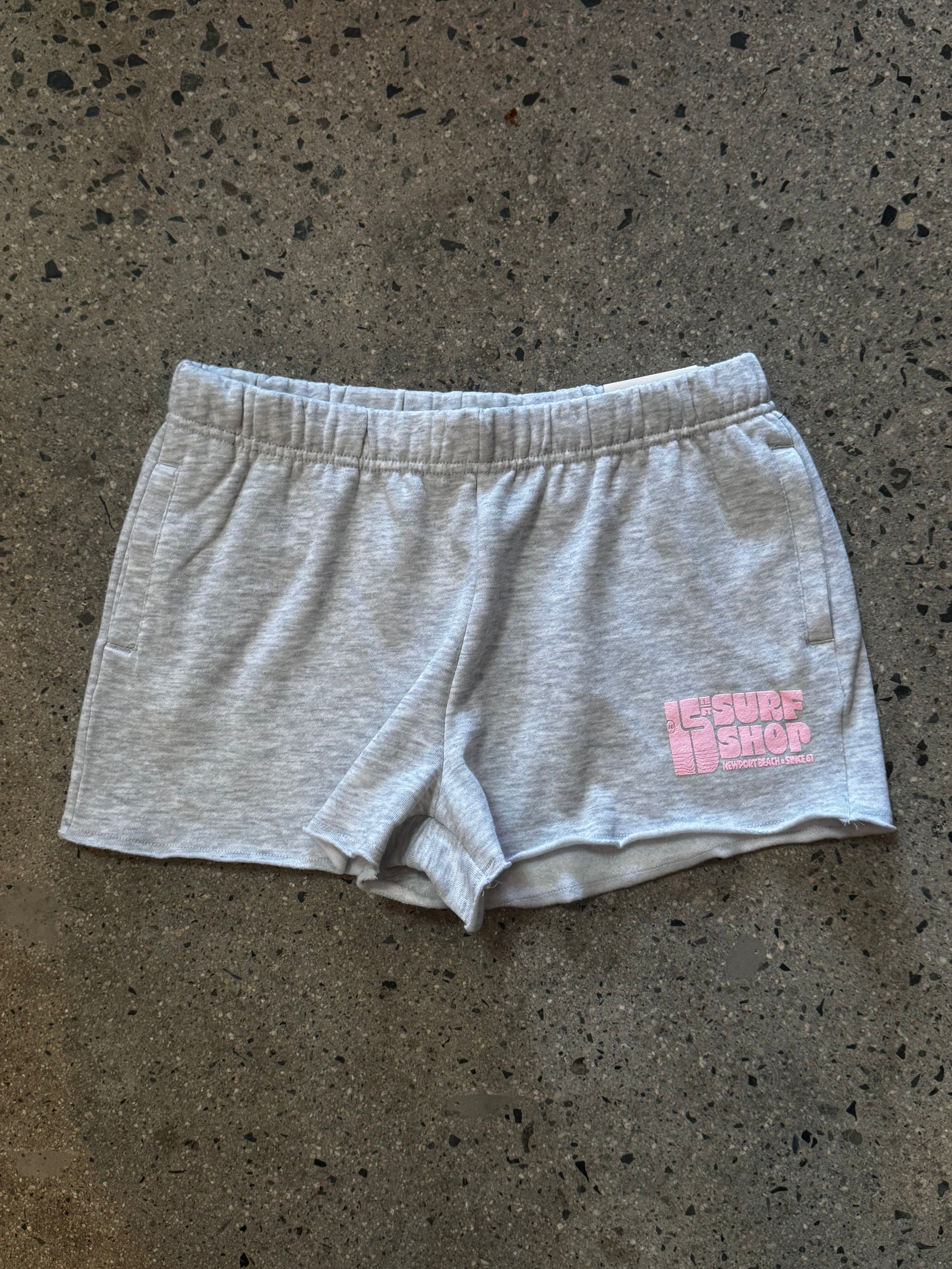 15th St Women's Groovy Drip Side Pocket Fleece Cutoff Shorts PINKISH PEACH on ICE HEATHER GREY