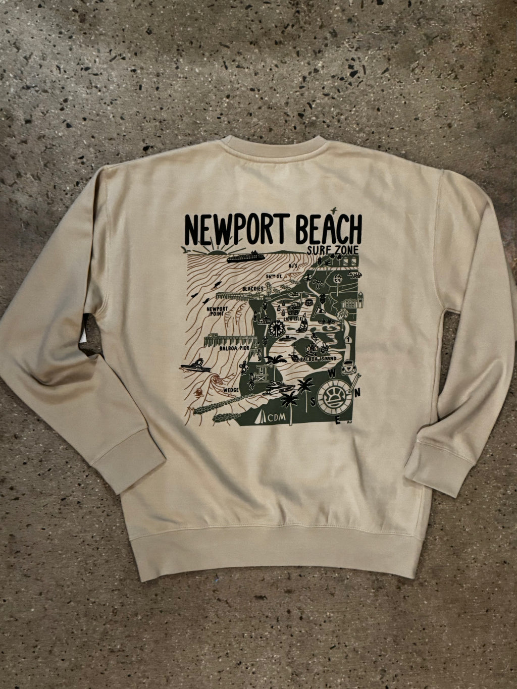 15th St Men's Newport Beach Surf Map Crewneck SMOKED SAND