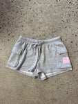 15th St WOMEN Groovy Drip Cargo Pocket Fleece Shorts BUBBLEGUM PINK on HEATHER GREY