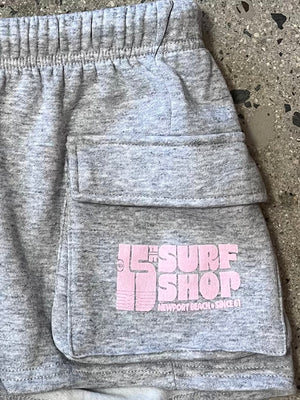 15th St WOMEN Groovy Drip Cargo Pocket Fleece Shorts BUBBLEGUM PINK on HEATHER GREY