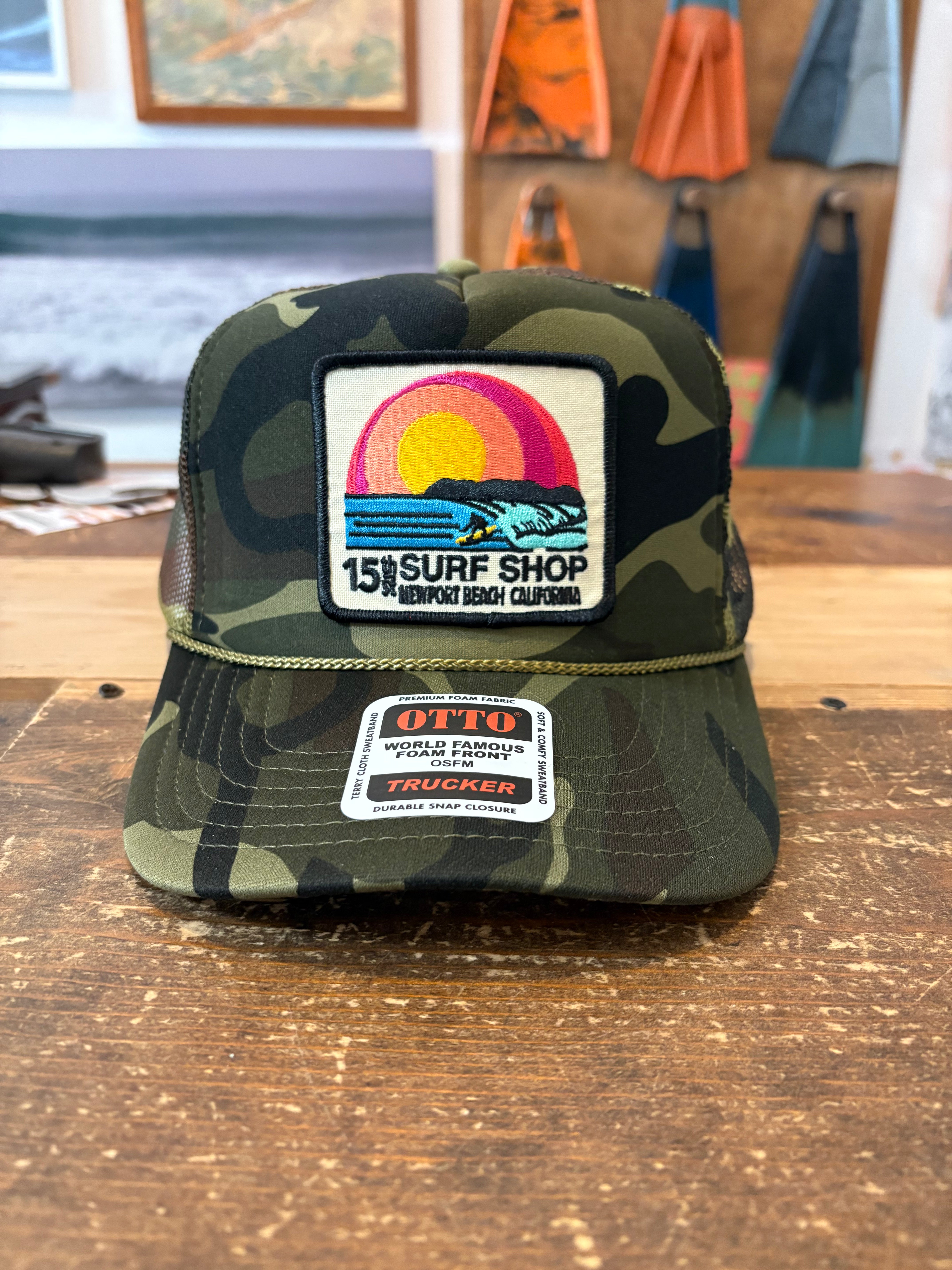 15th St SUNSET SURFER Design Adult Trucker Hat Camo