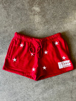 15th St Women's Groovy Drip Embroidered Star Fleece Shorts WHITE on CHERRY RED